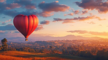 Fototapeta premium Hot Air Balloon Floating Above Scenic Landscape at Sunrise