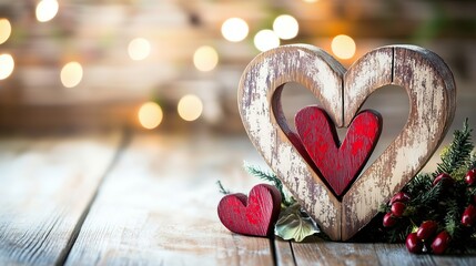 Wooden hearts with red accents on rustic table with holiday lights