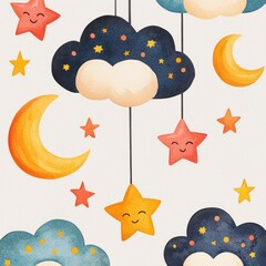 Fototapeta premium Baby shower celebration blessing concept. Colorful clouds, stars, and moons create a whimsical night sky illustration.