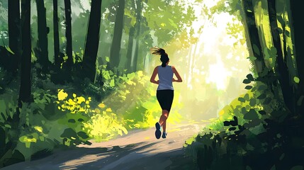 Obraz premium Energetic and vibrant woman jogging along a scenic forest trail surrounded by lush greenery and bathed in the warm glow of the morning sun The image radiates a sense of vitality wellness