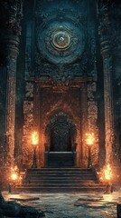Obraz premium Ancient Throne Room with Illuminated Torches in Dark Setting