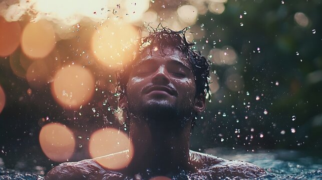 Energetic and joyful shot capturing a man s exhilarated expression as he moves through a refreshing water spray emanating a sense of brightness freshness and vibrant energy