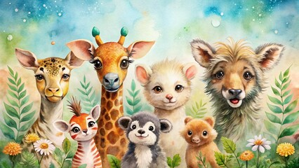 Naklejka premium Watercolor Animal Clipart: Cute Animals with Copy Space for Design Projects