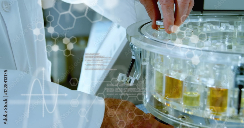 Poster image of data processing and chemical formula over caucasian scientist doing experiment in lab