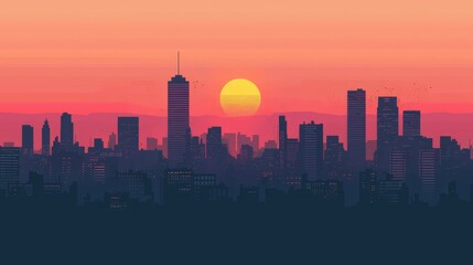 Naklejka premium Vibrant Sunset Over Urban Skyline with Silhouetted Buildings