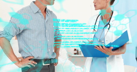 Image of data processing and chemical formula over caucasian female doctor talking with patient