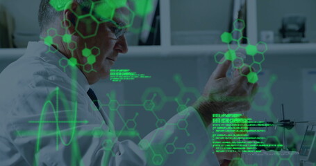 Image of scientific data processing over caucasian male scientist in laboratory