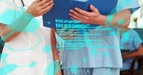 Image of data processing and chemical formula over caucasian doctors holding clipboard
