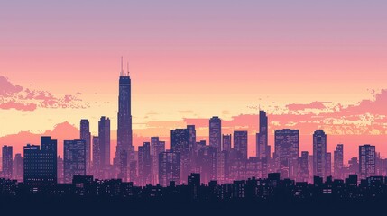 Fototapeta premium Sunset Silhouette of a Modern City Skyline Against Colorful Sky
