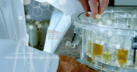 Image of data processing and chemical formula over caucasian scientist doing experiment in lab