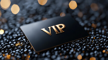 Card with the letters "VIP" in gold on black background, resting on surface covered with shiny black round beads.