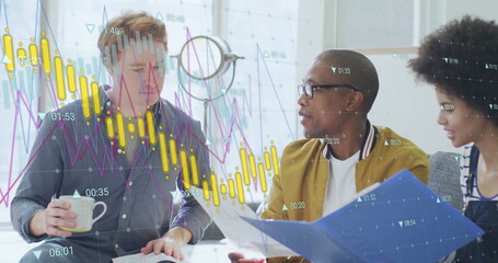 Image of financial data processing over diverse business people in office