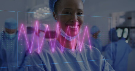Image of cardiograph over diverse doctors wearing face masks