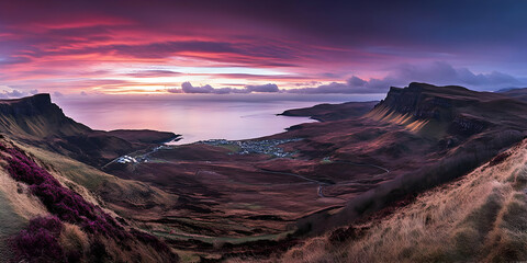 Fototapeta premium Sunrise illuminates a coastal valley nestled between rugged cliffs and a serene sea.