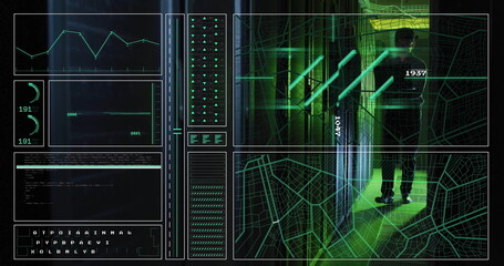 Image of data processing over asian male worker in server room