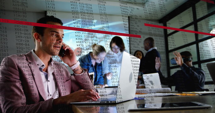 Image of financial data processing over diverse business people in office