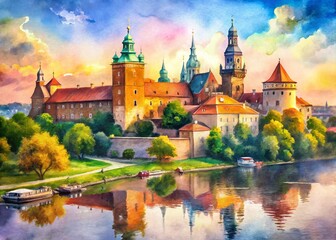 Obraz premium Watercolor Cityscape of Krakow, Poland: Artistic Portrait Photography