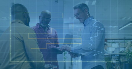 Image of financial data processing over diverse business people in office