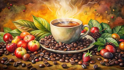 Fototapeta premium Watercolor Coffee Beans, Berries, and Coffee Cup Stock Photo