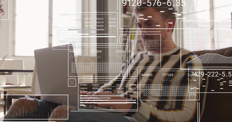 Image of financial data processing over caucasian man using laptop