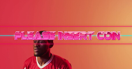 Image of please insert coin over african american male football player on red background