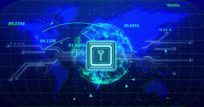 Image of padlock icon and data processing over globe - Powered by Adobe