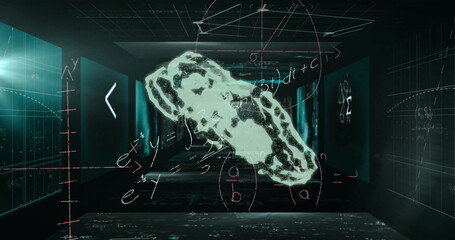Image of cloud with cogs over mathematical equations and symbols on black background