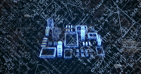 Image of mathematical equations over computer circuit board on black background