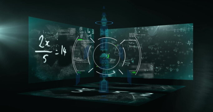 Image of mathematical equations and scope scanning on black background