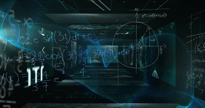 Image of mathematical equations and symbols on black background