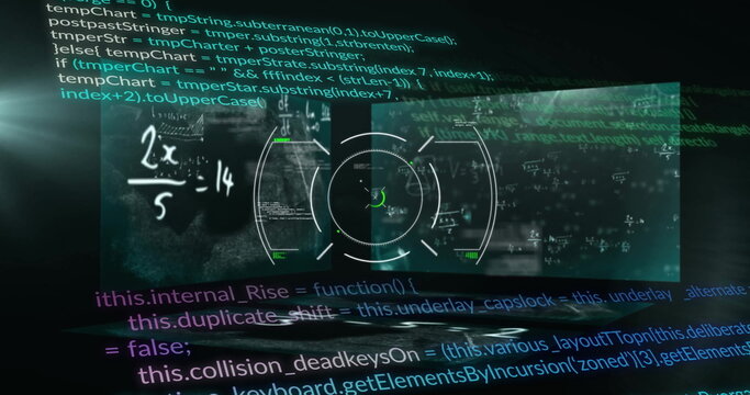 Image of mathematical equations with scope scanning and data processing on black background
