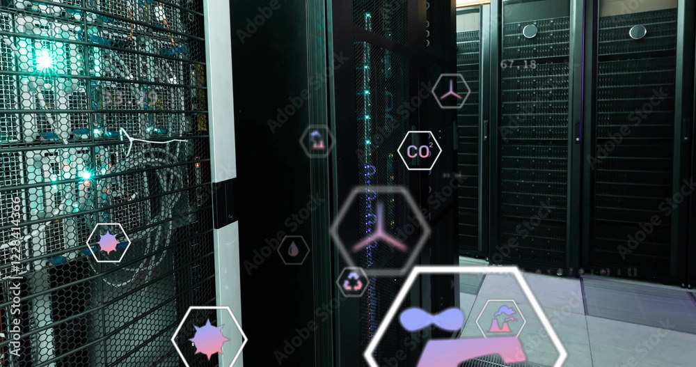 Poster image of digital eco icons and data processing over computer servers