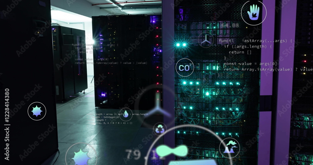 Poster image of digital icons and data processing over computer servers