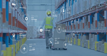 Image of data processing and media icons over caucasian male worker walking in warehouse
