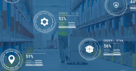 Image of data processing and media icons over caucasian male worker walking in warehouse
