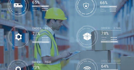 Image of data processing and media icons over caucasian male worker using tablet in warehouse