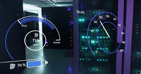 Image of electric car dashboard and data processing over computer servers