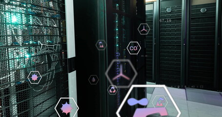 Image of digital eco icons and data processing over computer servers