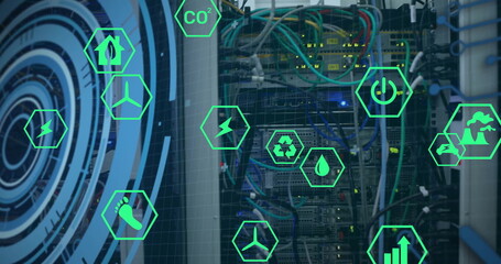 Image of digital eco icons and data processing over computer servers