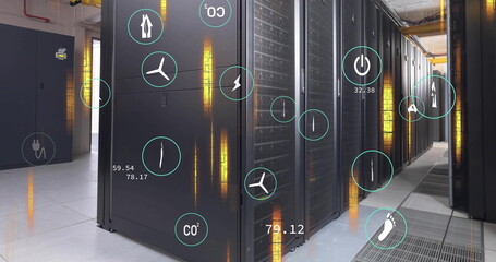 Image of digital eco icons and data processing over computer servers
