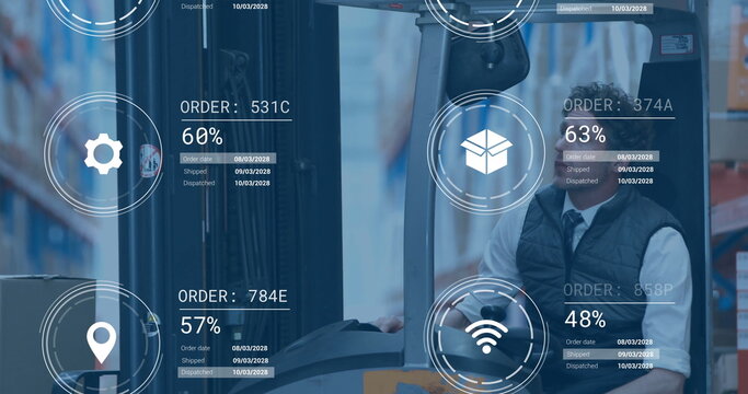 Image of data processing and media icons over caucasian male worker in turret truck in warehouse