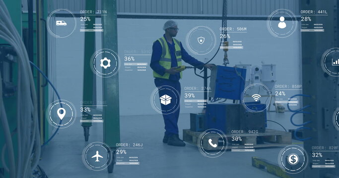 Image of data processing and media icons over biracial male worker working in warehouse