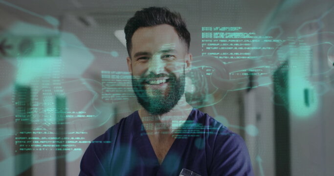 Image of chemical formula and data processing over caucasian male doctor in hospital