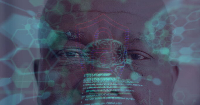 Image of molecules with brain and data processing over african american man