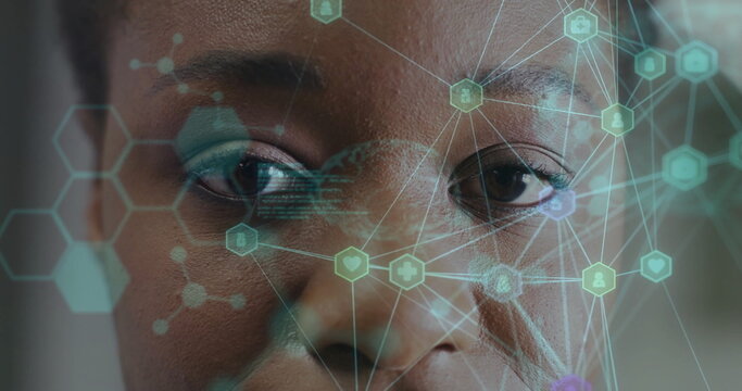 Image of molecules, connections with brain and data processing over african american woman