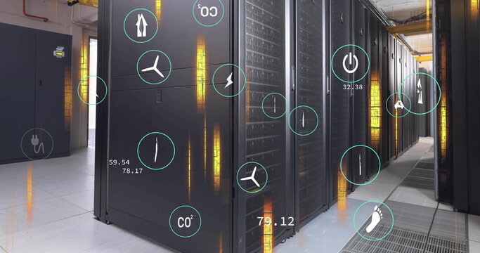 Image of digital eco icons and data processing over computer servers