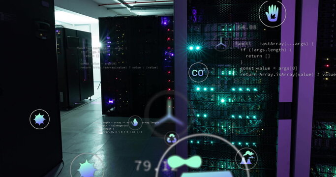 Image of digital icons and data processing over computer servers