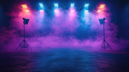 Colorful illuminated stage with fog, vibrant lights, and tripods, ready for a live performance