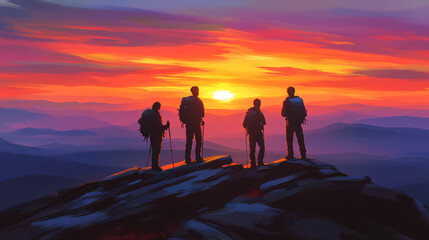 Fototapeta premium Hikers admire a breathtaking sunset atop a mountain peak in autumn. three hikers stand on a rocky ledge, captivated by the vibrant sunset painting the sky. Sunset Ridge. Illustration