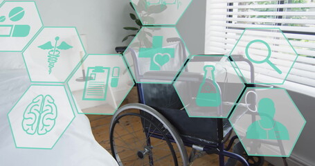 Image of medical icons over hospital bed with wheelchair